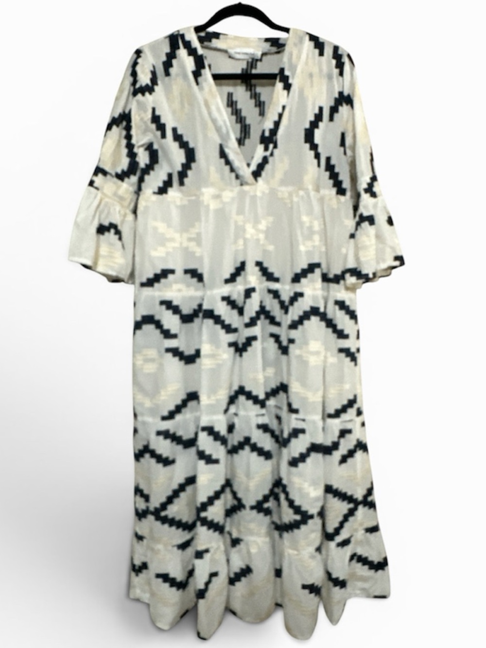 Anthropology Greek Archaic Kory V-Neck Long Maxi Dress 100% Cotton. White & Blue